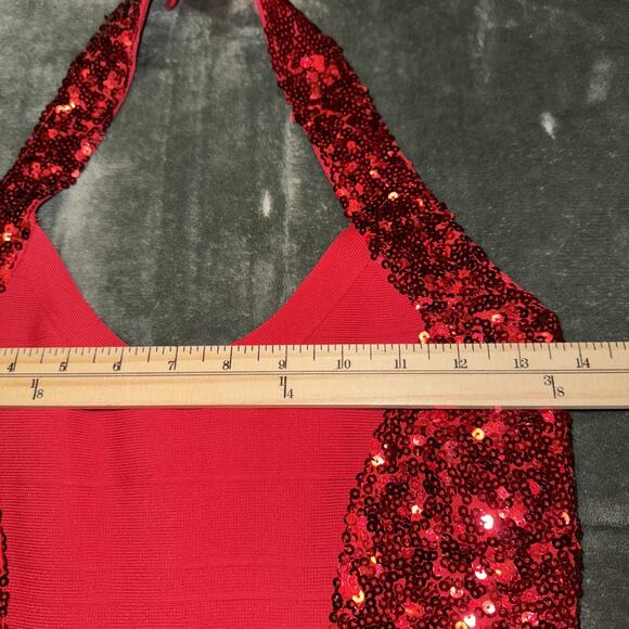 Guess Bodycon Dress Women's Small Red Sequin Halter Neck Cocktail Showgirl Glam - Picture 6 of 8